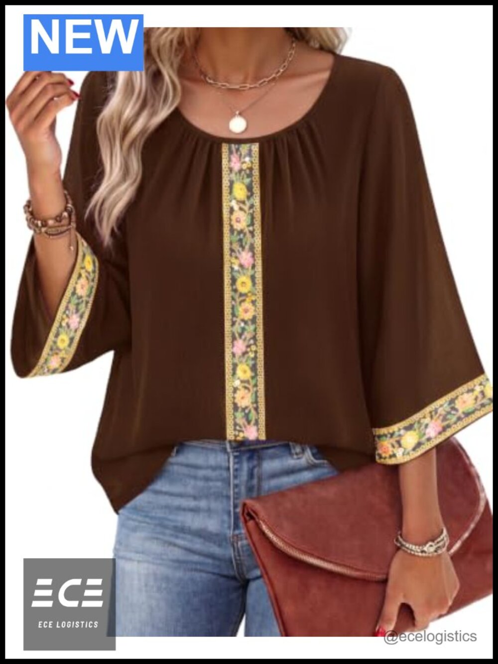 Womens Embroidered 3/4 Sleeve Bell Sleeve Chiffon Blouse Crew Neck Vintage Top